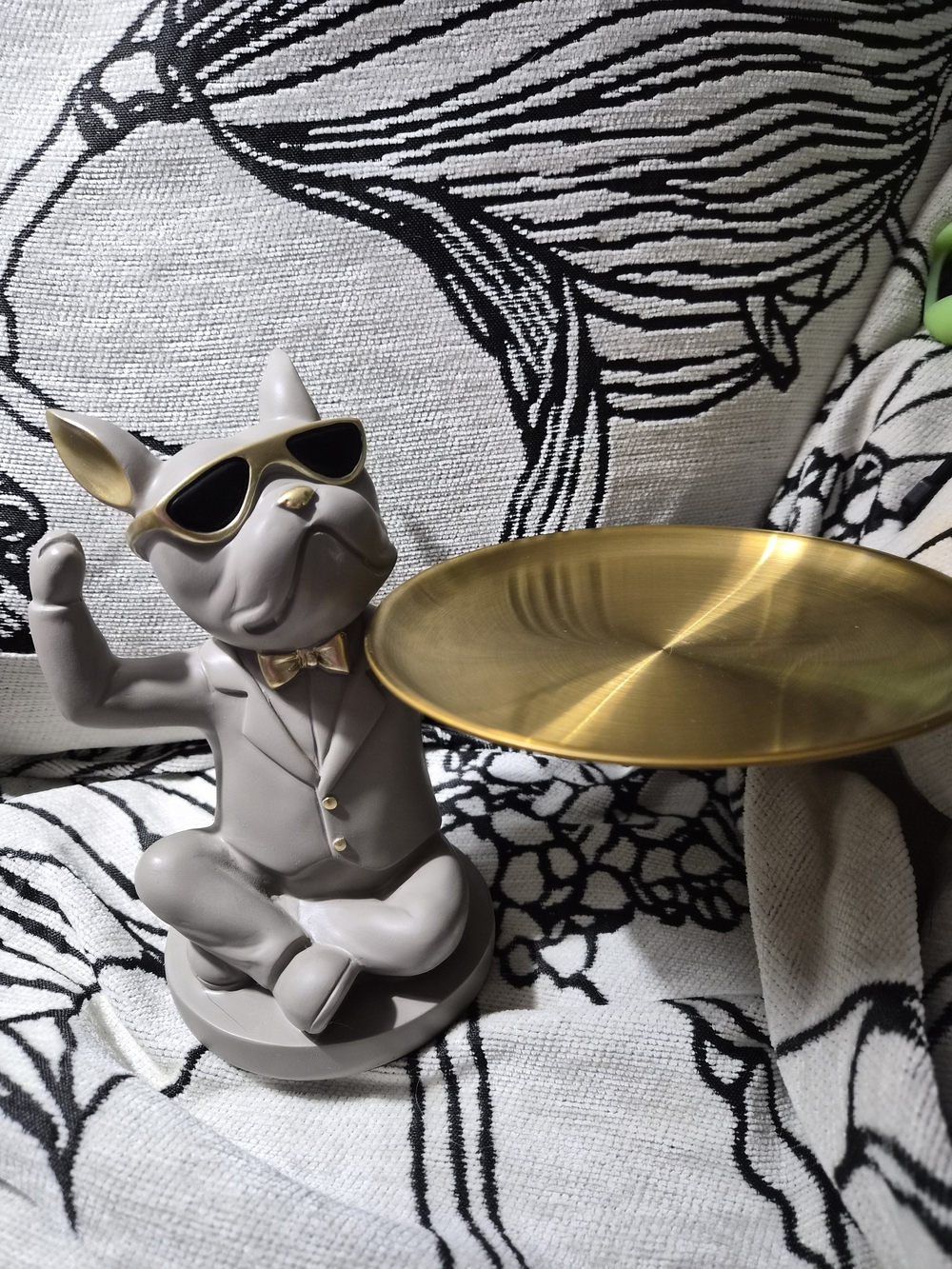 Gray French Bulldog Jewelry Dish with Gold Tray